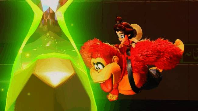 咚奇刚在关卡中收集香蕉的场景,背景中可见丰富的机关与隐藏路径