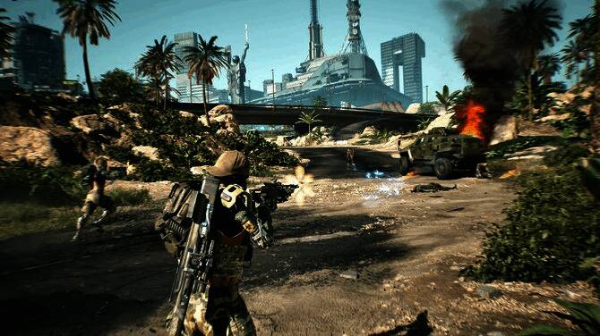 未来都市夜景下的战斗场景,霓虹灯光与爆炸特效交织