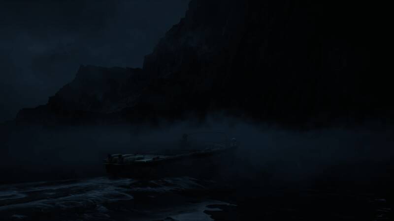 游戏场景展示主角手持武器在废墟中前行，周围阴森恐怖