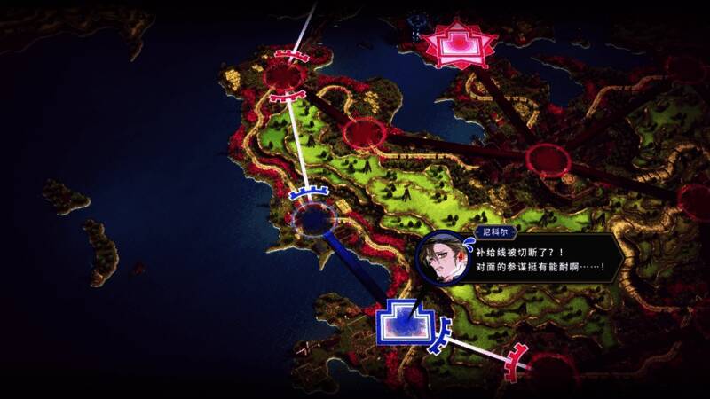 游戏内补给线机制示意图,清晰标注据点连接状态与资源流向