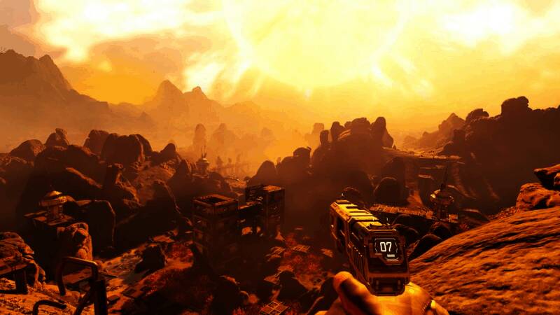 《星际裂变》开放世界探索画面,玩家在荒野中搜集资源与对抗敌人