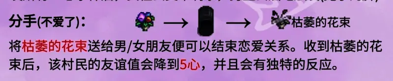 游戏中角色分手场景,NPC表情失落,手中接过枯萎的花束