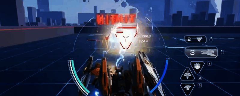 飓风机甲手持能量爆破炮，炮口闪烁着电光，整体机体呈流线型设计