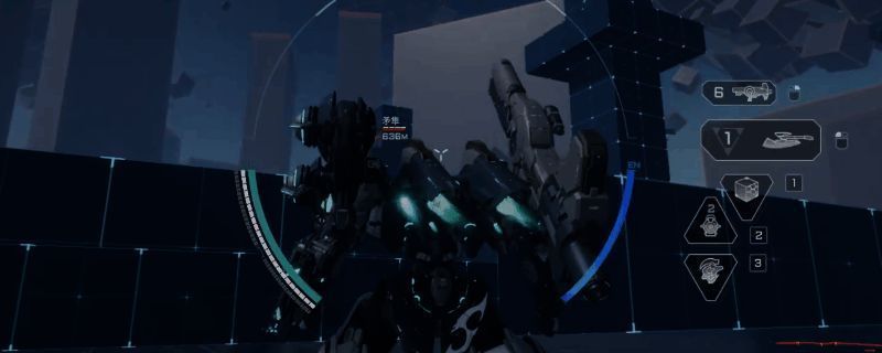 赤霄机甲战斗画面，手持重型武器，背景为未来战场，充满科技感