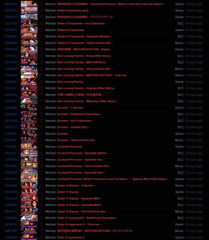 SteamDB上显示的被移除游戏列表,包括游戏名称与发行商信息