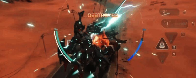 飞景机甲战斗场景，机身启动隐身特效，背景为废墟战场环境