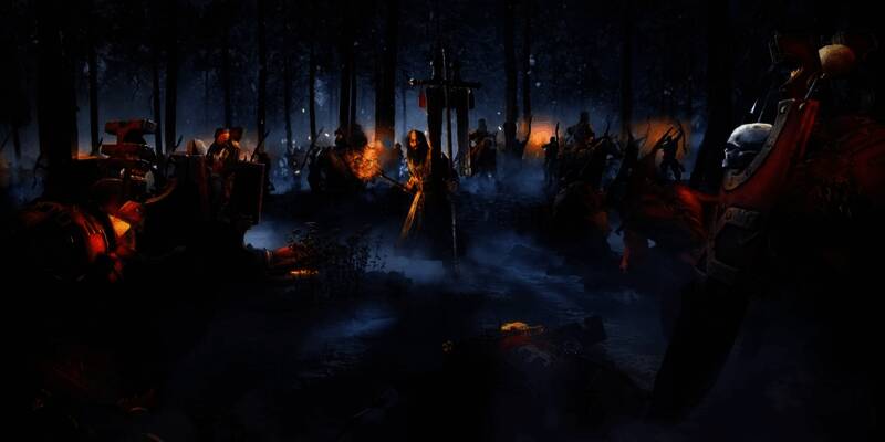 开发者团队合影，背景为《全面战争：战锤3》的游戏界面与攻城战画面