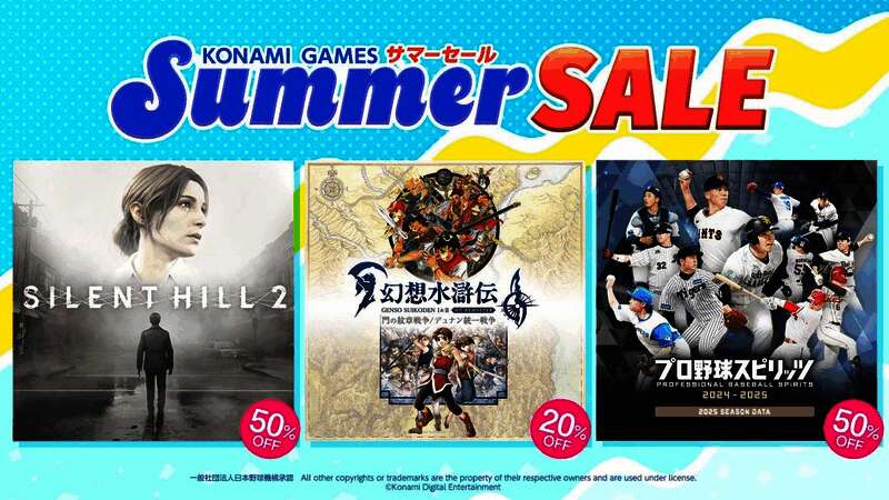 科乐美夏日促销主视觉图,背景为夏日海滩风格,展示多款游戏封面