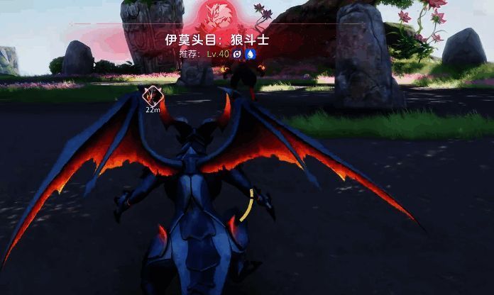 狼斗士站在山崖边缘,气势逼人,背景是壮丽的自然景色