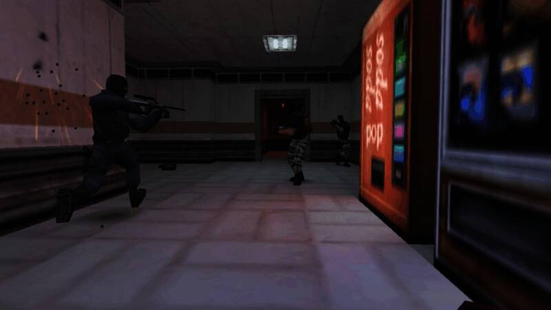 Minh Le在游戏展会上与玩家互动,背景为《Alpha Response》的宣传海报