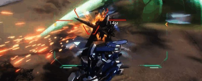 《解限机》摸金模式对战画面,玩家驾驶机甲在废墟中激烈交火,场景充满未来科技感