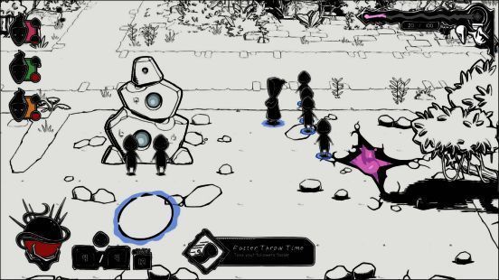 游戏中四名玩家操控不同颜色信徒进行战斗,画面满是墨迹风格的血浆特效