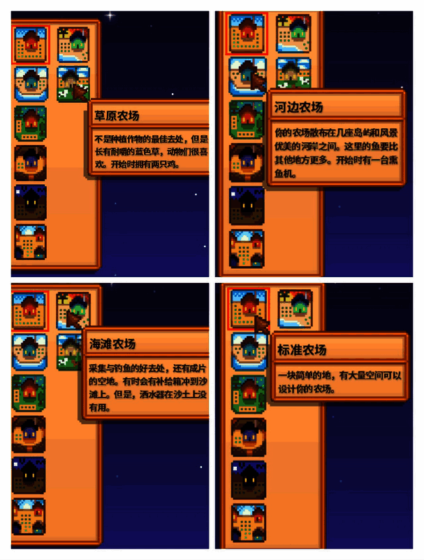 游戏中四种不同农场类型的对比图，分别标注了各自的优势资源和地形特点