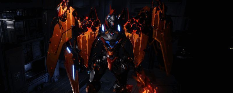 解限机黑豹机甲炽燃涂装效果图,机身呈现暗黑与火焰红交织的炫酷外观