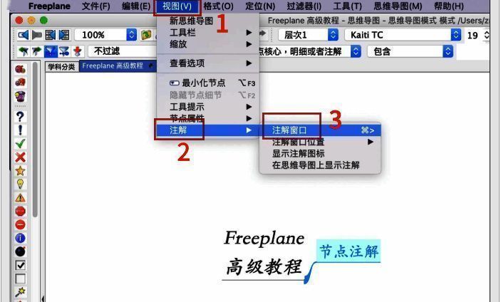 Freeplane注解窗口开启界面,右侧显示当前节点的详细备注内容