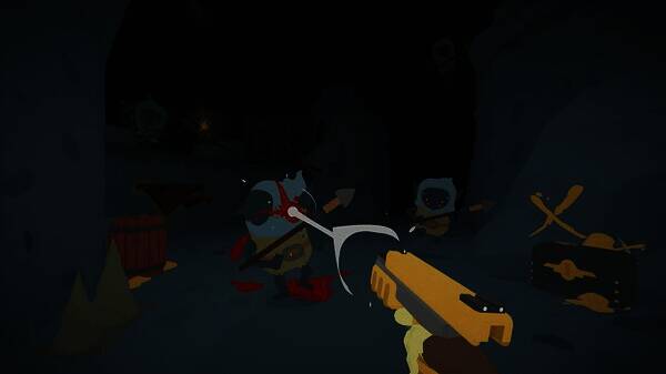 战斗场景,敌人倒地,主角捡起掉落物品,环境昏暗压抑