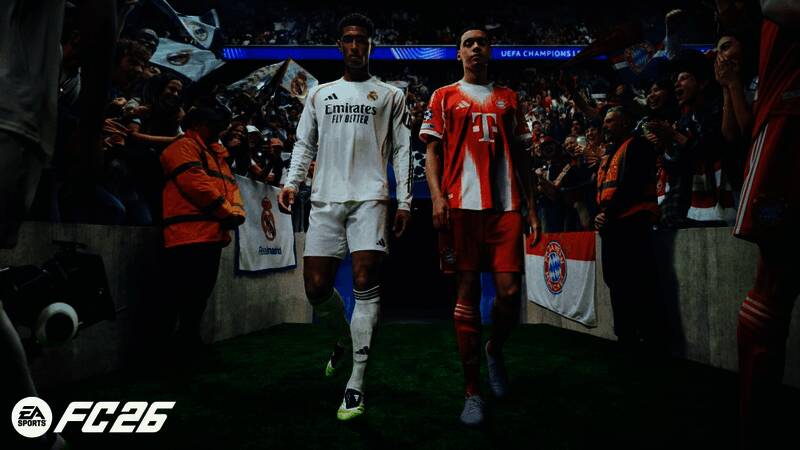 《EA Sports FC 26》封面图,贝林厄姆与穆西亚拉并肩站立,背景是炫酷光影效果的球场