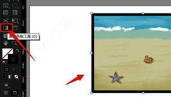 InDesign中使用渐变工具选中图片边框的状态图,界面高亮显示渐变工具位置