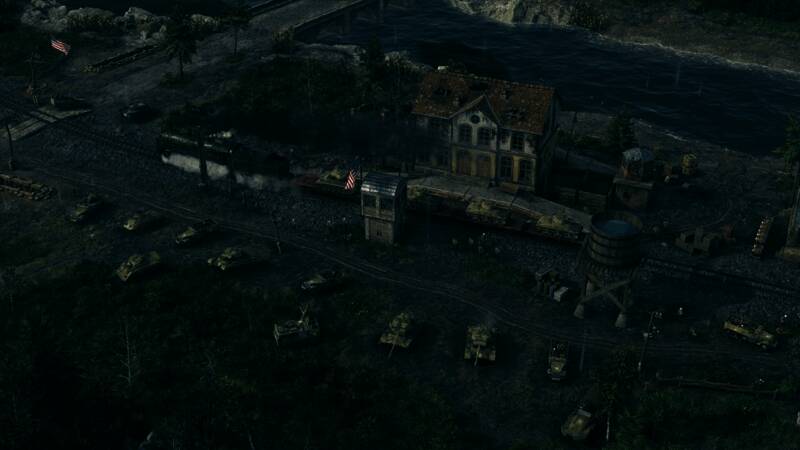 空中视角俯瞰大规模会战,双方装甲部队在平原上激烈交火,烟雾弥漫