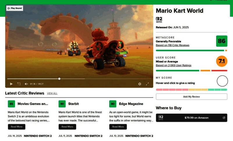 Switch 2主机与《马里奥赛车:世界》游戏封面并列,评分标注为86分