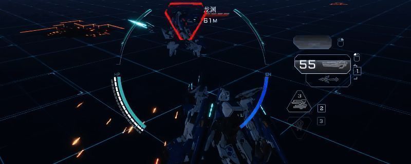 《解限机》中龙渊机甲在战场上释放战术爆甲的瞬间，机身闪耀蓝色能量光效，周围火花四溅