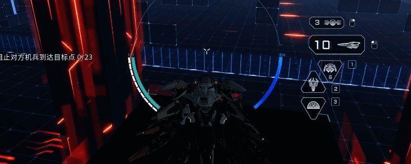 鸣神机甲在高台上准备狙击的战斗姿态，机身散发蓝色能量光晕，背景为城市废墟