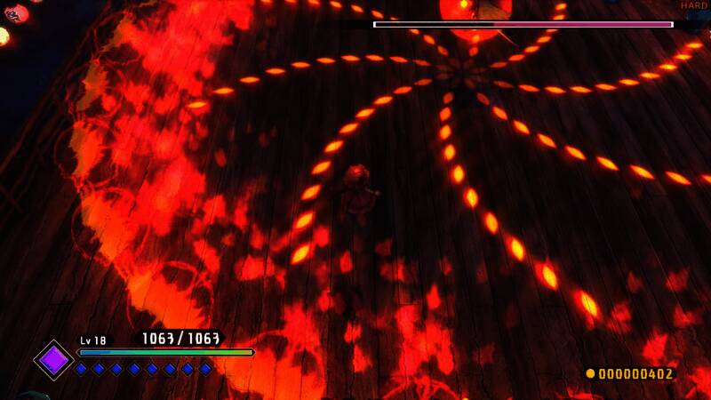 游戏战斗场景俯视视角,角色在密集弹幕中穿梭,特效绚丽