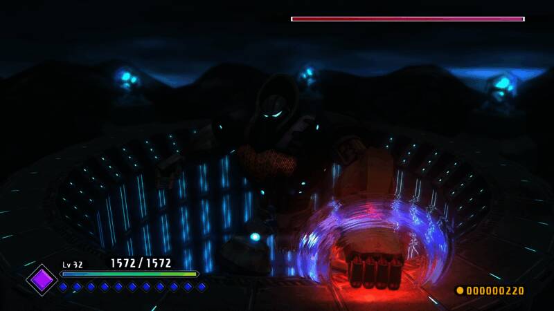 Boss战场景,巨大怪物释放环形弹幕,玩家角色在缝隙中闪避