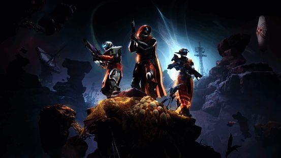 《命运2:宿命边缘》宣传图,守护者站在暗物质环绕的开普勒星球表面,远处是扭曲的空间与神秘光环