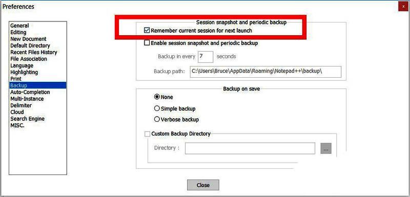 Notepad++偏好设置界面,高亮显示已勾选的Remember current session选项