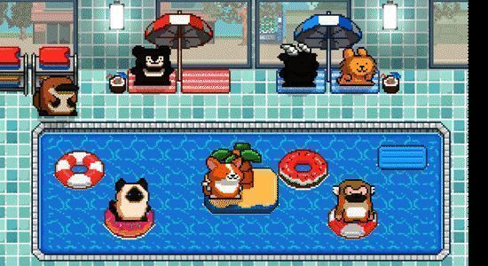 美发店内动态场景,小动物坐在椅子上接受造型服务,发型师员工忙碌操作,界面显示多种发型选项