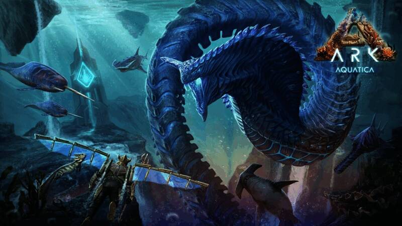 《方舟：生存进化》‘夏日海洋’DLC宣传图，展示深海场景中巨大的生物游弋于沉没方舟残骸之间，光影交错，神秘感十足