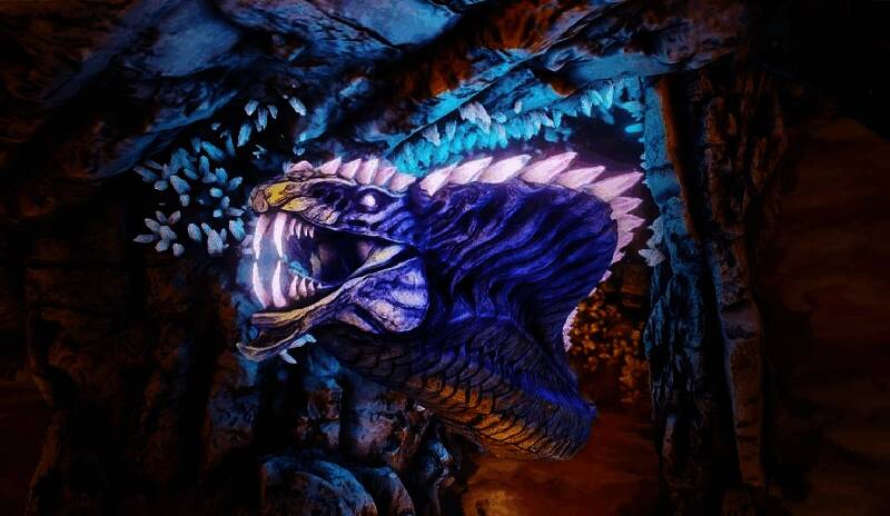 熔渊火蟒缠绕在海底火山口，身体泛着红光，周围岩浆翻滚，热浪扭曲了水体视觉