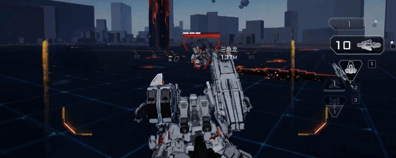 《解限机》中剑龙机甲在战场上发动猛烈炮击的场景,机身厚重,炮口喷射出耀眼火光