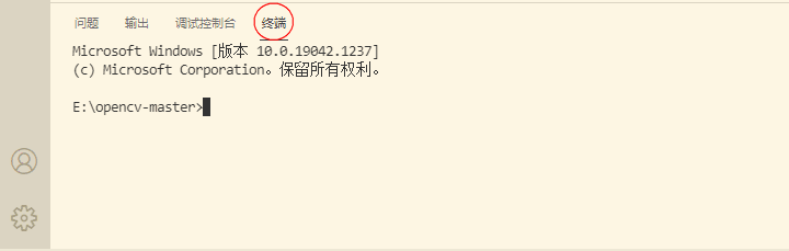 VSCode界面中终端面板已成功打开的截图，显示当前项目路径下的命令行环境