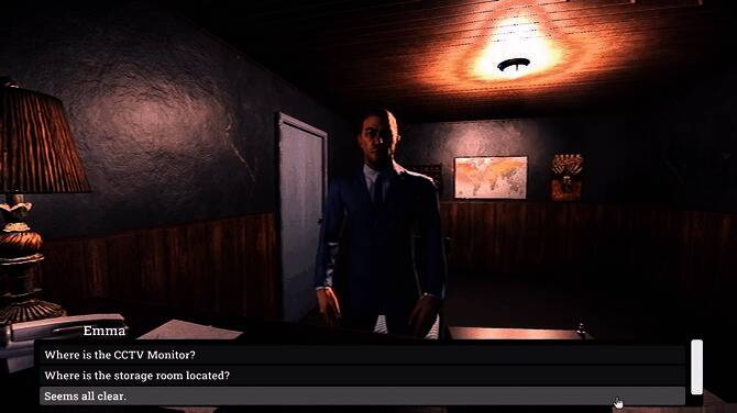 旅馆前台视角,电脑屏幕闪烁着模糊人脸,窗外风雨交加