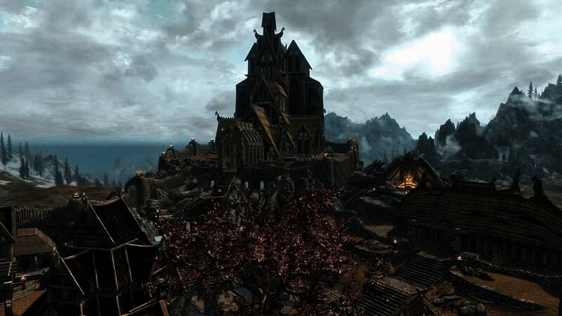 《上古卷轴6》疑似UI界面草图,显示角色状态、魔法轮盘与地图导航元素,风格延续系列经典设计