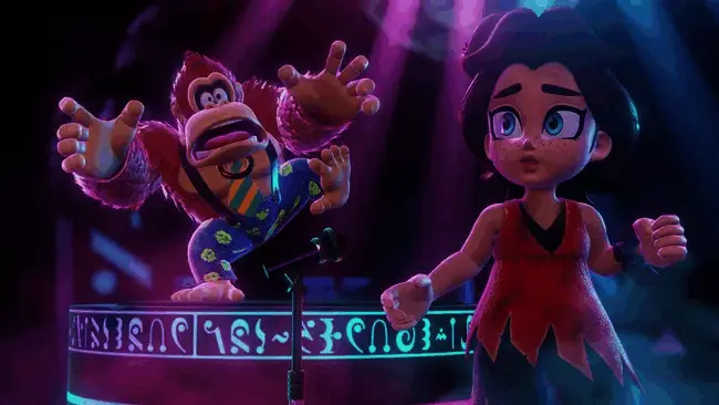 游戏内关卡实机画面,咚奇刚在丛林场景中跳跃攀爬,背景有瀑布与藤蔓,展现丰富的环境互动