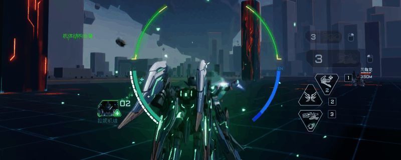 卢米纳尔机甲在战场中释放治疗光束,周围队友生命值正在恢复,机体线条流畅,科技感十足