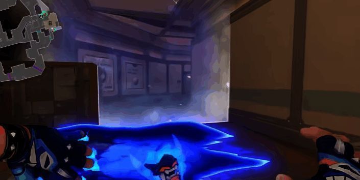 夜露在拐角处投掷空间碎片的 gameplay 截图，碎片飞行轨迹清晰，即将撞墙并爆发出刺眼光晕