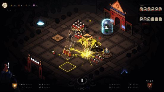 战斗场景截图,战场为石板街道,两侧为哥特式建筑,我方传教士居中施法,周围环绕步兵与骑马修士,敌方为异端武装