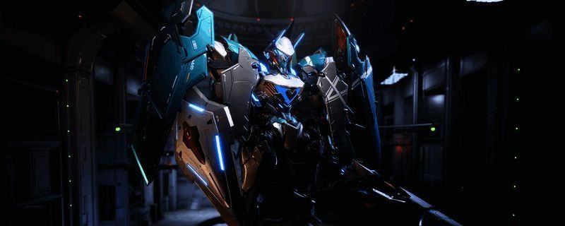 矛隼机甲在空中执行落叶飘动作的瞬间，机体呈螺旋下坠姿态，周围气流扰动明显，展现出极强的空中控制能力