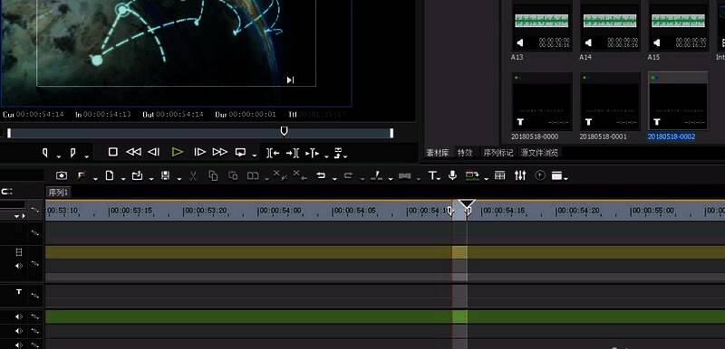 时间轴上入点与出点标记紧邻，表示仅选中一帧