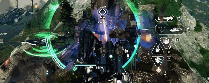 《解限机》游戏中玩家操控机甲‘赤霄’在战场中准备拆除敌方设施的场景，周围环境为未来科技风格的基地结构