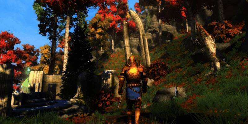 《上古卷轴4:湮没》游戏画面,主角行走在赛洛迪尔的田园风光中,远处是帝都尖塔