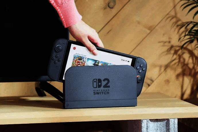 任天堂Switch2概念渲染图,主机屏幕显示多款第三方游戏LOGO环绕四周
