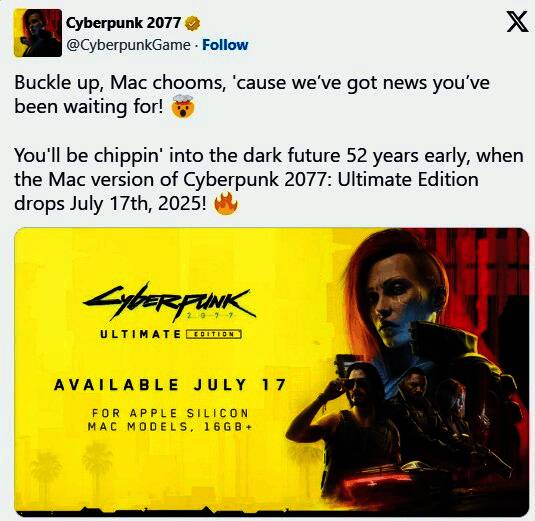 《赛博朋克2077:终极版》Mac平台宣传画面,夜之城霓虹闪烁,主角V站在高楼顶端俯瞰城市