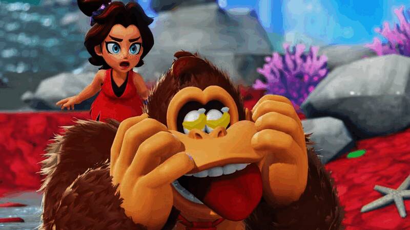 《咚奇刚：蕉力全开》实机画面，大金刚在丛林中跳跃并破坏地形，特效绚丽