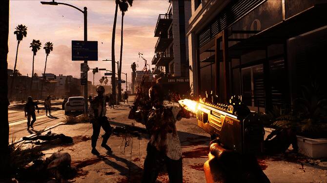 《死亡岛2》正式版游戏画面,角色在洛杉矶街头与变异僵尸激烈战斗