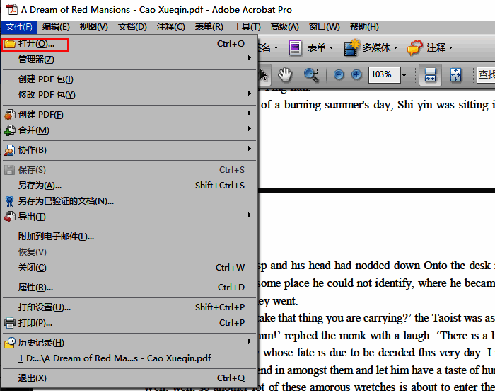 文件菜单下拉选项中高亮显示‘打开’功能，旁边为文件浏览窗口